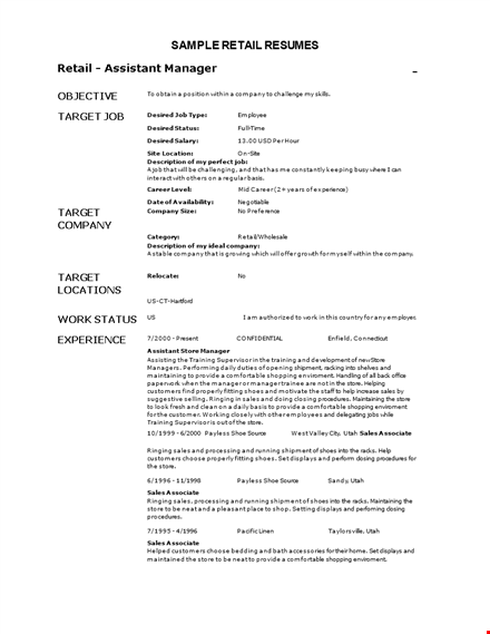 sample retail work resume template