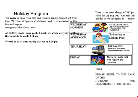 holiday program itinerary - fun-filled activities for children template