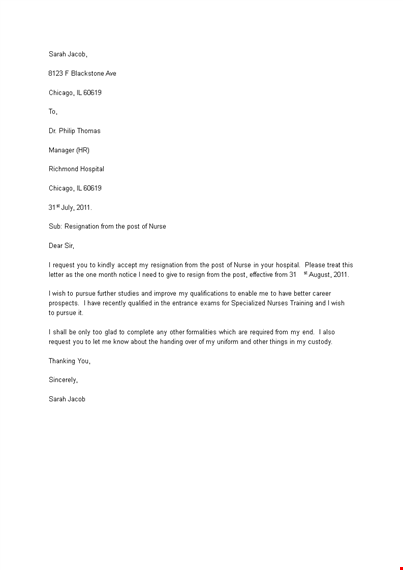 examples of resignation letter for nurse template