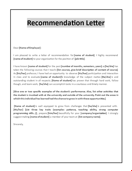 expert letter of recommendation for students template