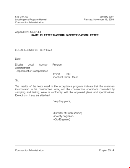 sample material certification letter for construction administration program agency - local template