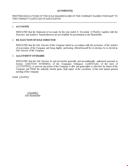 sole shareholder written resolution template