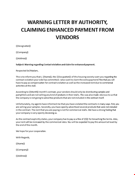 warning letter by authority,claiming enhanced payment from vendors template