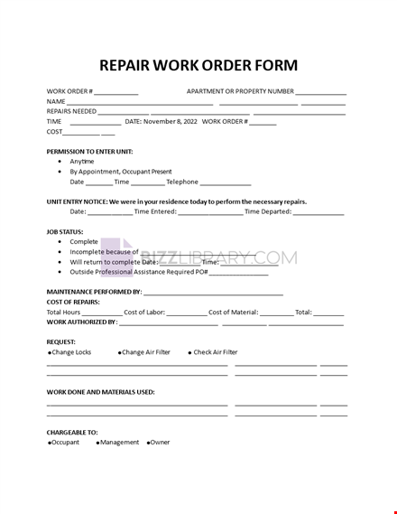 editable repair work order template template