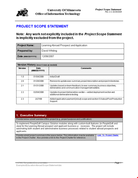 project scope example - learn project management template