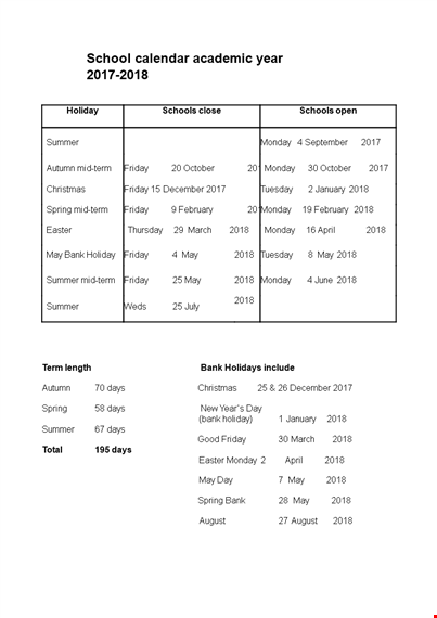 school academic calendar | holiday, monday & friday schedules template