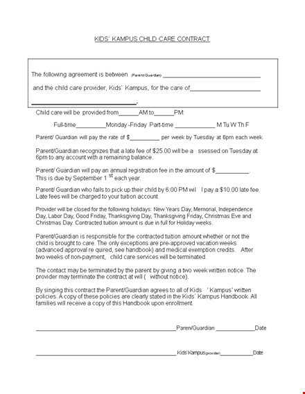 daycare contract for child, parent, and guardian | ctr-optimized document templates template