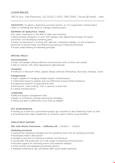 marketing assistant resume format template