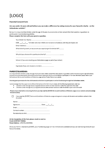 parental consent form template for under 18 years - website | gofundraise template