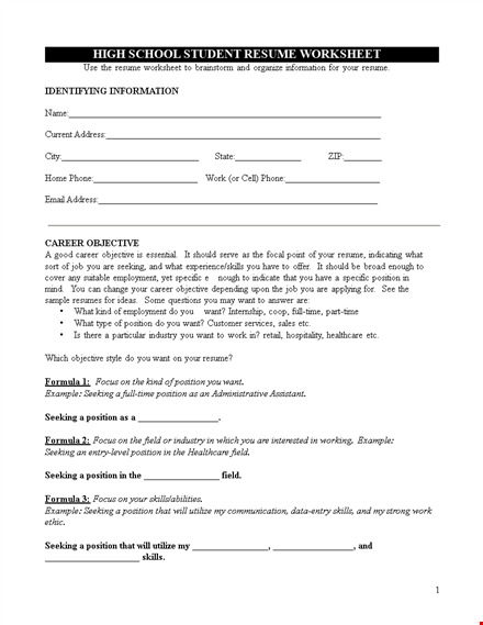 high school work resume - position, skills, present - download in pdf template