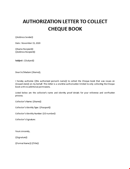 bank authorization letter to collect cheque book template