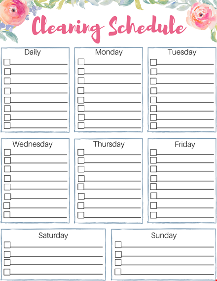 daily house cleaning checklist: schedule, cleaning tips for monday and tuesday template