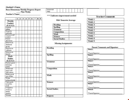 weekly student progress report elementary template template