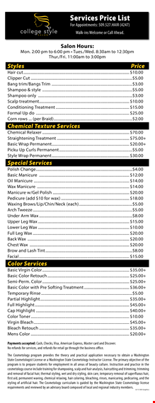 services and prices template
