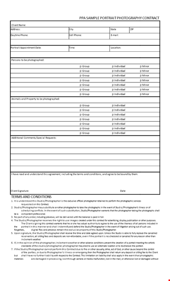 portrait photography contract sample template