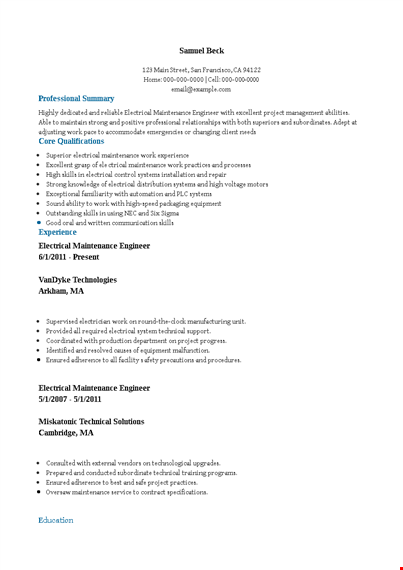 electrical maintenance resume template