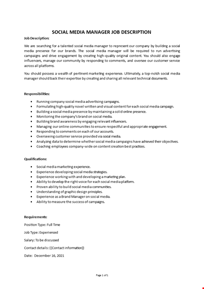 social media manager job description template