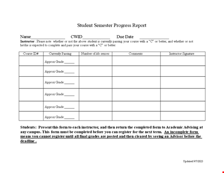 student semester progress report template