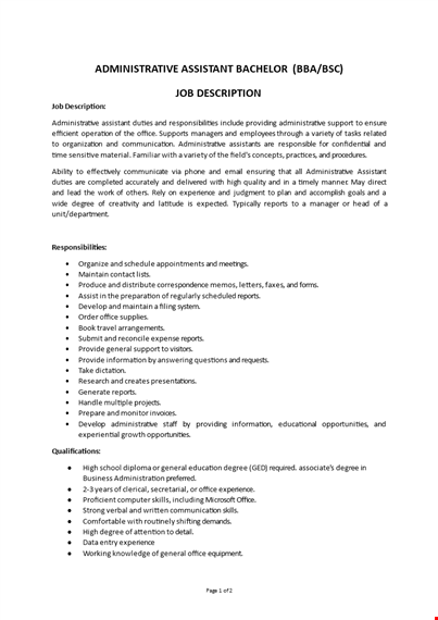 administrative assistant bachelors degree job description template
