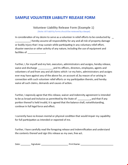 volunteer liability release form | release agency liability | partner agents template