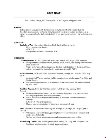 editable teacher resume template for education, elementary teaching experience - present in raleigh template