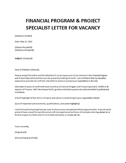 financial project specialist cover letter template