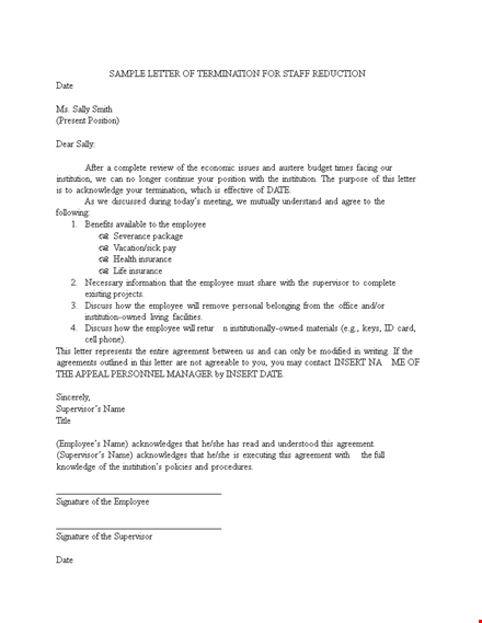 termination letter for staff reduction: guide for supervisors in the institution template