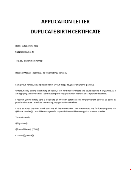 application duplicate birth certificate letter template