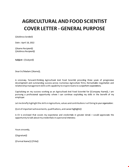 agricultural and food scientist job cover letter template
