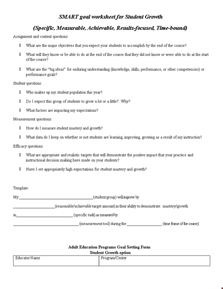 smart goals template for students: measurable growth template