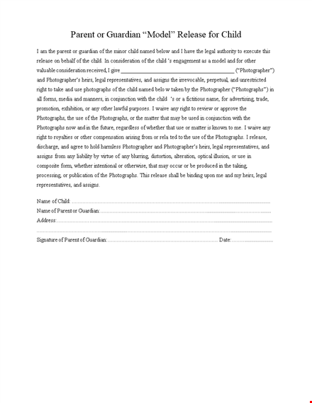 photography model release form for minors | parent & child consent template