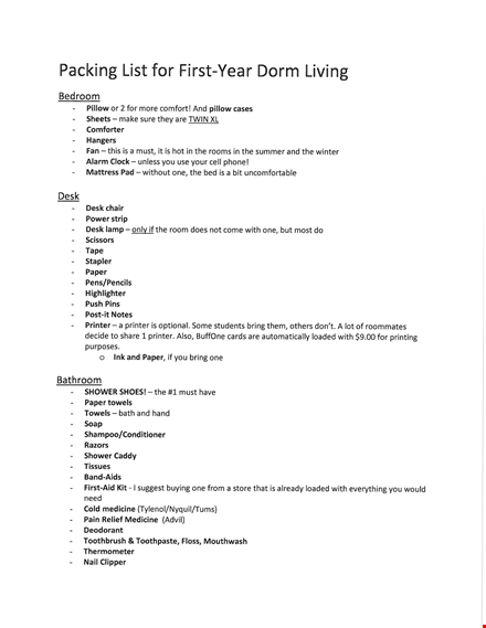 ultimate dorm room packing checklist for college students template