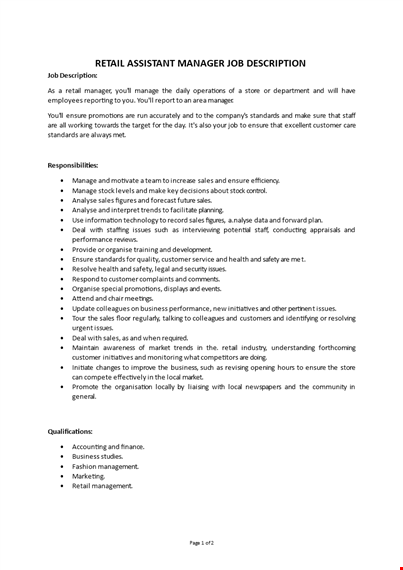 retail assistant manager job description template