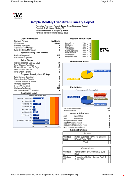 monthly executive summary - score, total, status, tickets, machines template