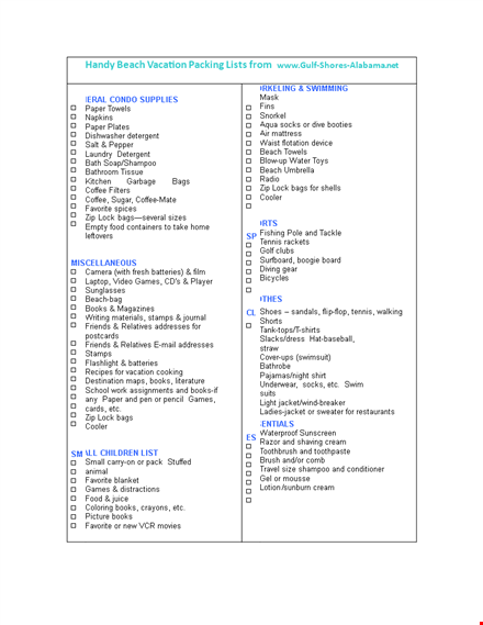 packing list for beach vacation template template
