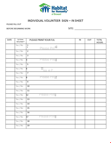 individual volunteer sign in sheet template