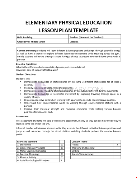 lesson plan template for pe in elementary school template