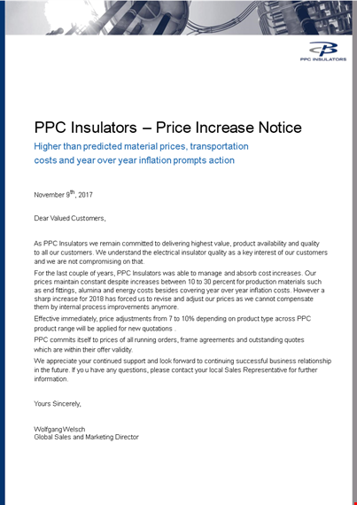 effective immediately: price increase letter for insulators - improve your costs and prices template