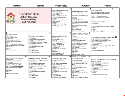 club activity calendar template