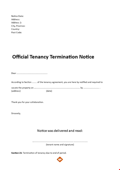 end of tenancy letter template | notice, termination, address, section | landlord template