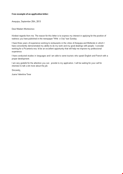 restaurant work application letter template