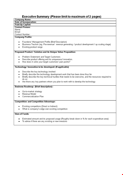 executive summary template - streamline your company's product description and existing technology template