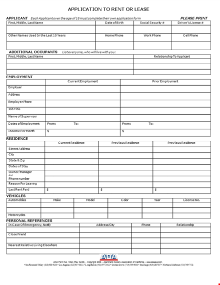 lease rental application form template
