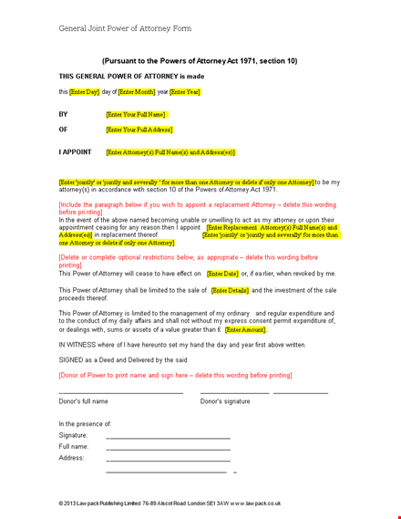 general joint power of attorney form template
