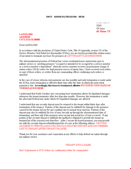 formal lease termination letter - service, deposit, orders, tenant template
