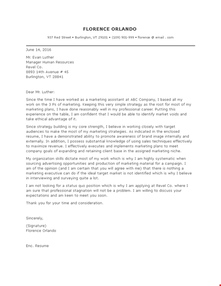 marketing executive job application letter template