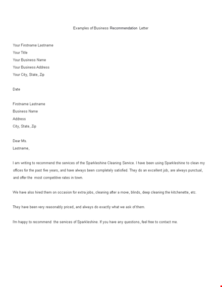 recommendation business letter example | professional cleaning services | sparkleshine template