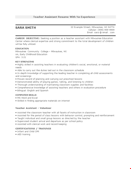 teacher assistant resume with no experience template
