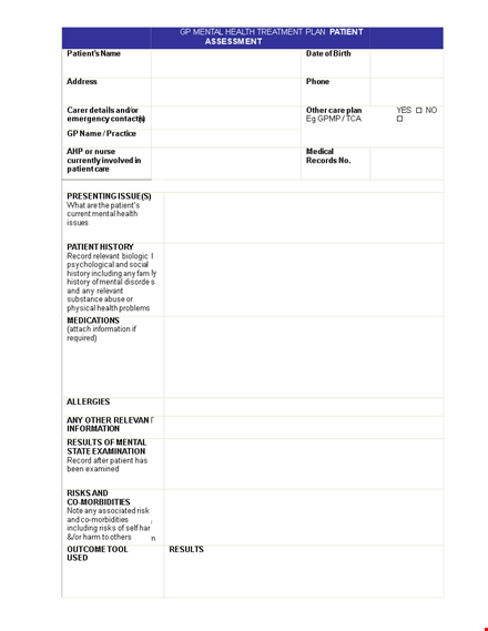 mental health care plan template template