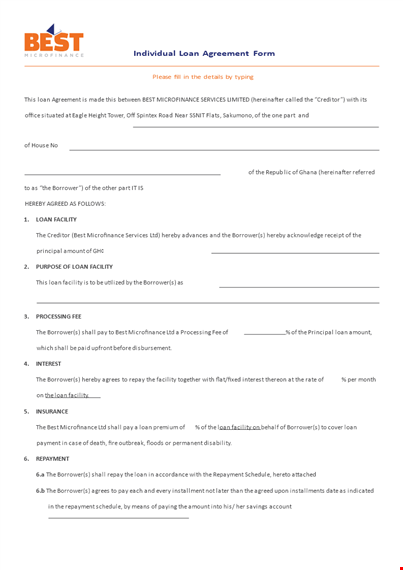individual loan agreement form - borrower | microfinance services | free download template